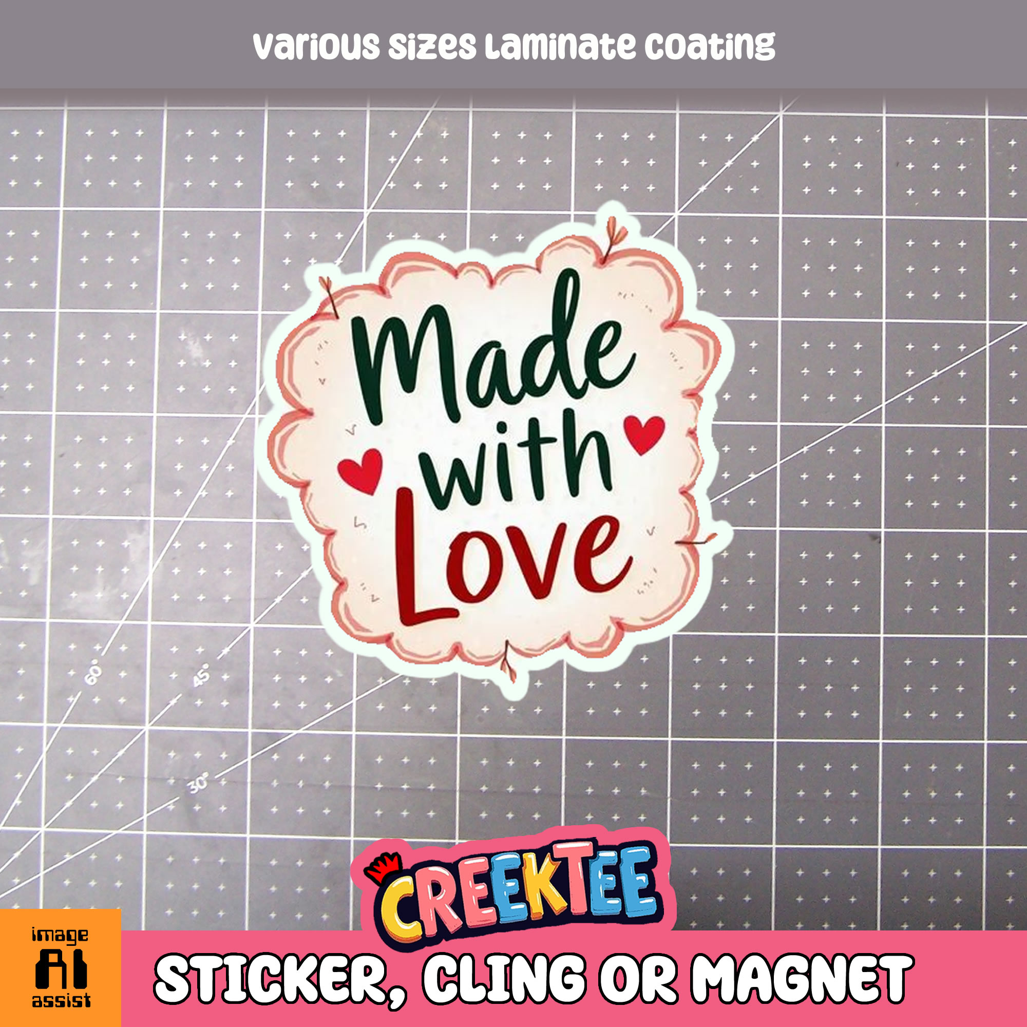 Made with Love Die Cut Vinyl Sticker  Window Cling or Magnet with Laminate Coating in Various Sizes