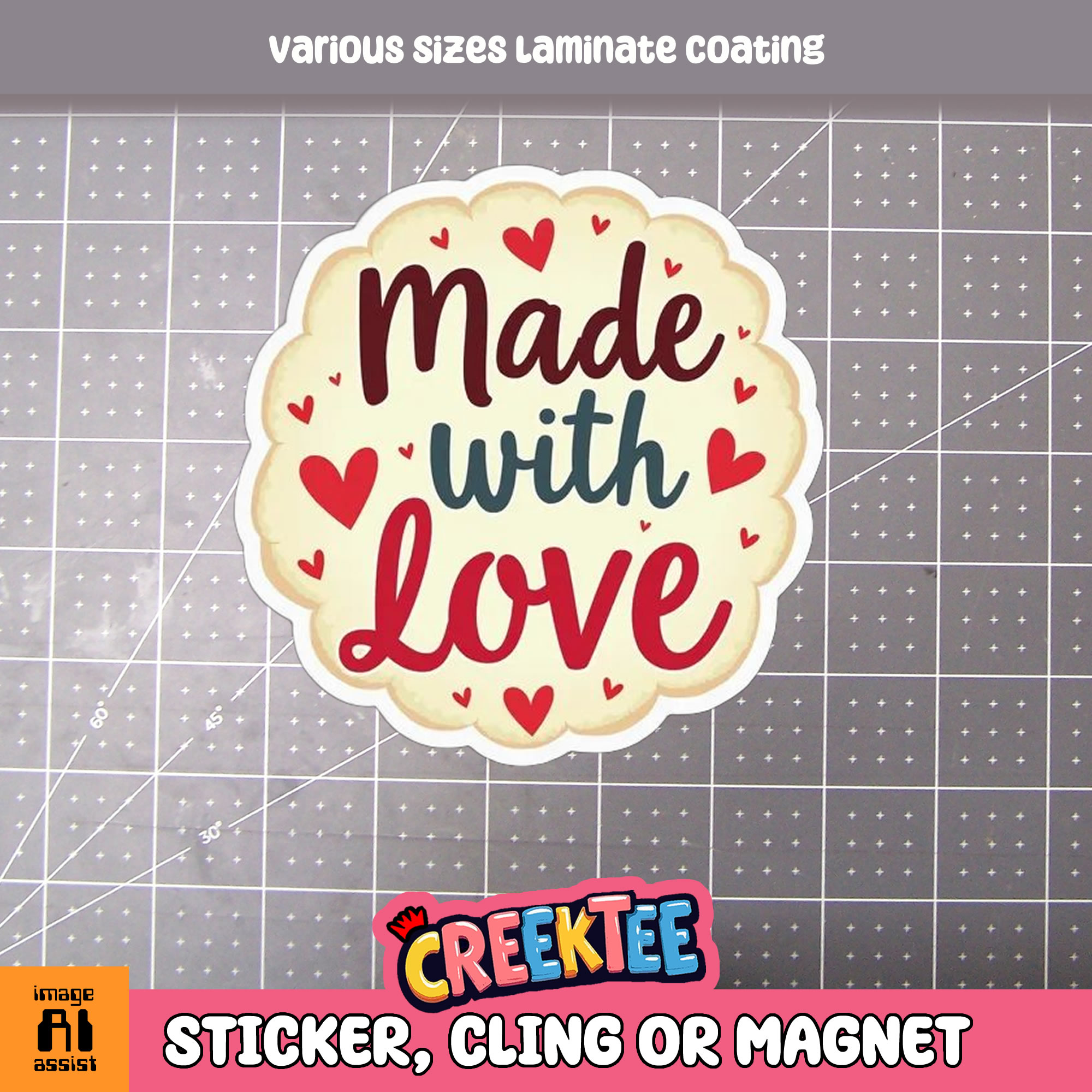 Made with Love Die Cut Vinyl Sticker  Window Cling or Magnet with Laminate Coating in Various Sizes