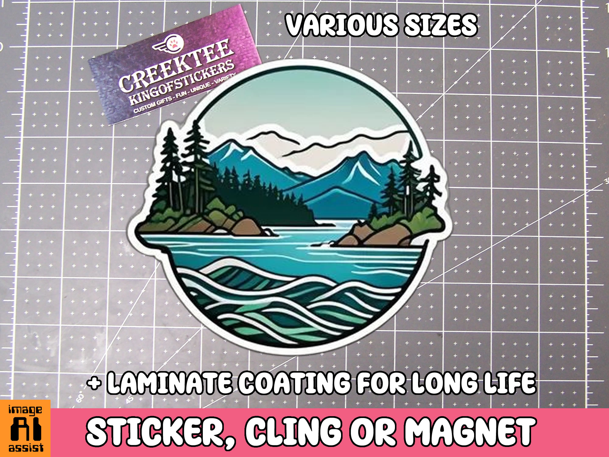 Scenic Mountain  Lake and Trees Die Cut Vinyl Sticker  Window Cling or Magnet with Laminate Coating in Various Sizes