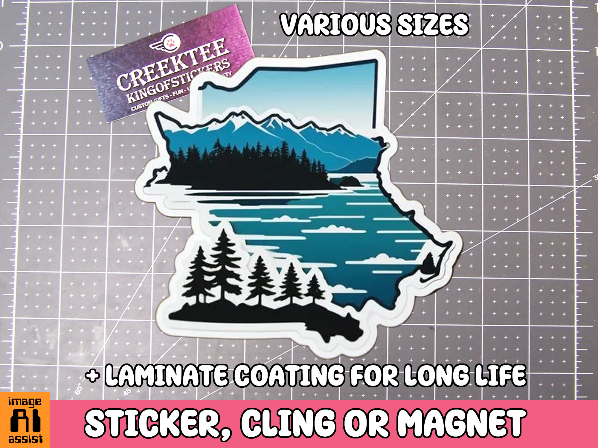 Scenic Mountain  Lake and Trees Die Cut Vinyl Sticker  Window Cling or Magnet with Laminate Coating in Various Sizes