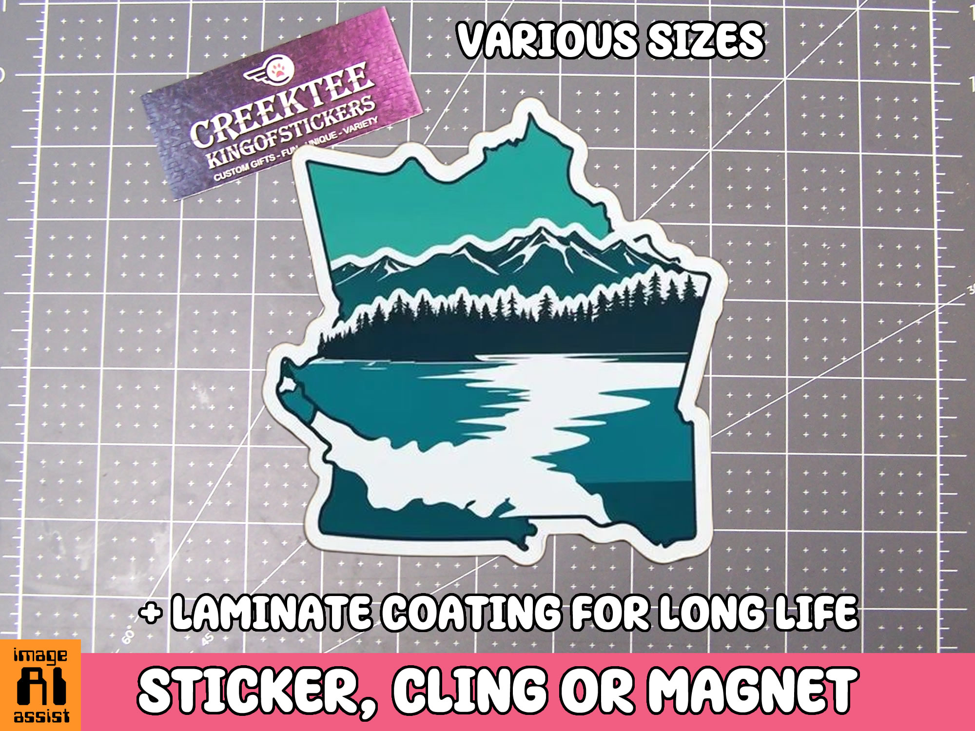 Scenic Mountain  Lake and Trees Die Cut Vinyl Sticker  Window Cling or Magnet with Laminate Coating in Various Sizes