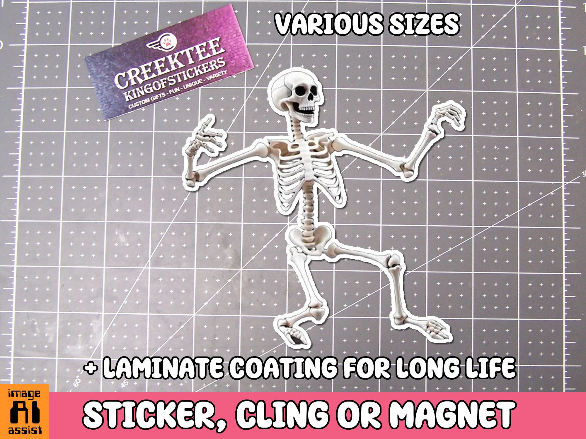 Skeleton Die Cut Vinyl Sticker  Window Cling or Magnet with Laminate Coating in Various Sizes