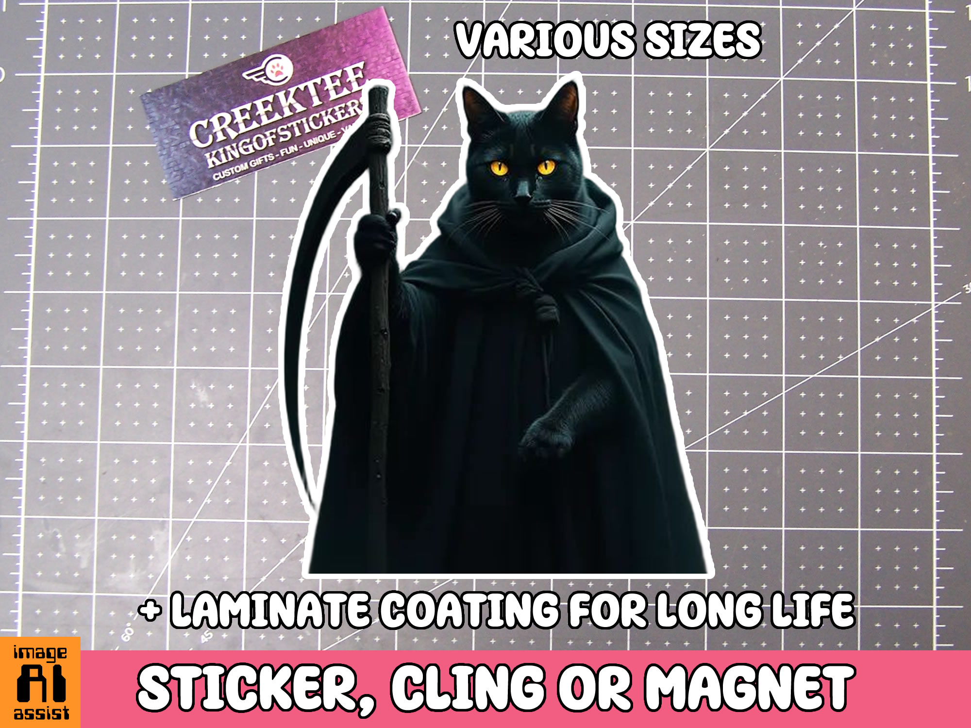 Reaper Cat Die Cut Vinyl Sticker  Window Cling or Magnet with Laminate Coating in Various Sizes