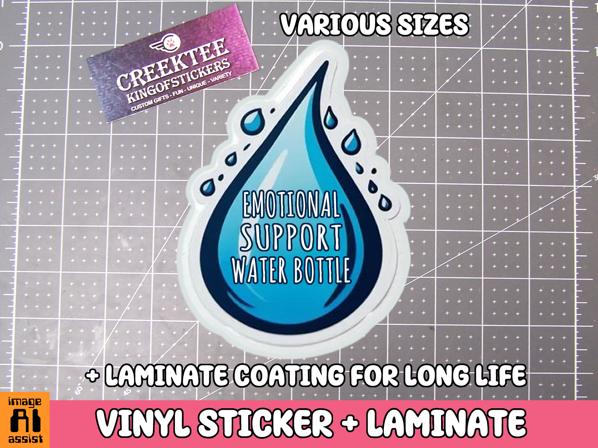 Emotional Support Water Bottle Die Cut Vinyl Sticker  Window Cling or Magnet with Laminate Coating in Various Sizes