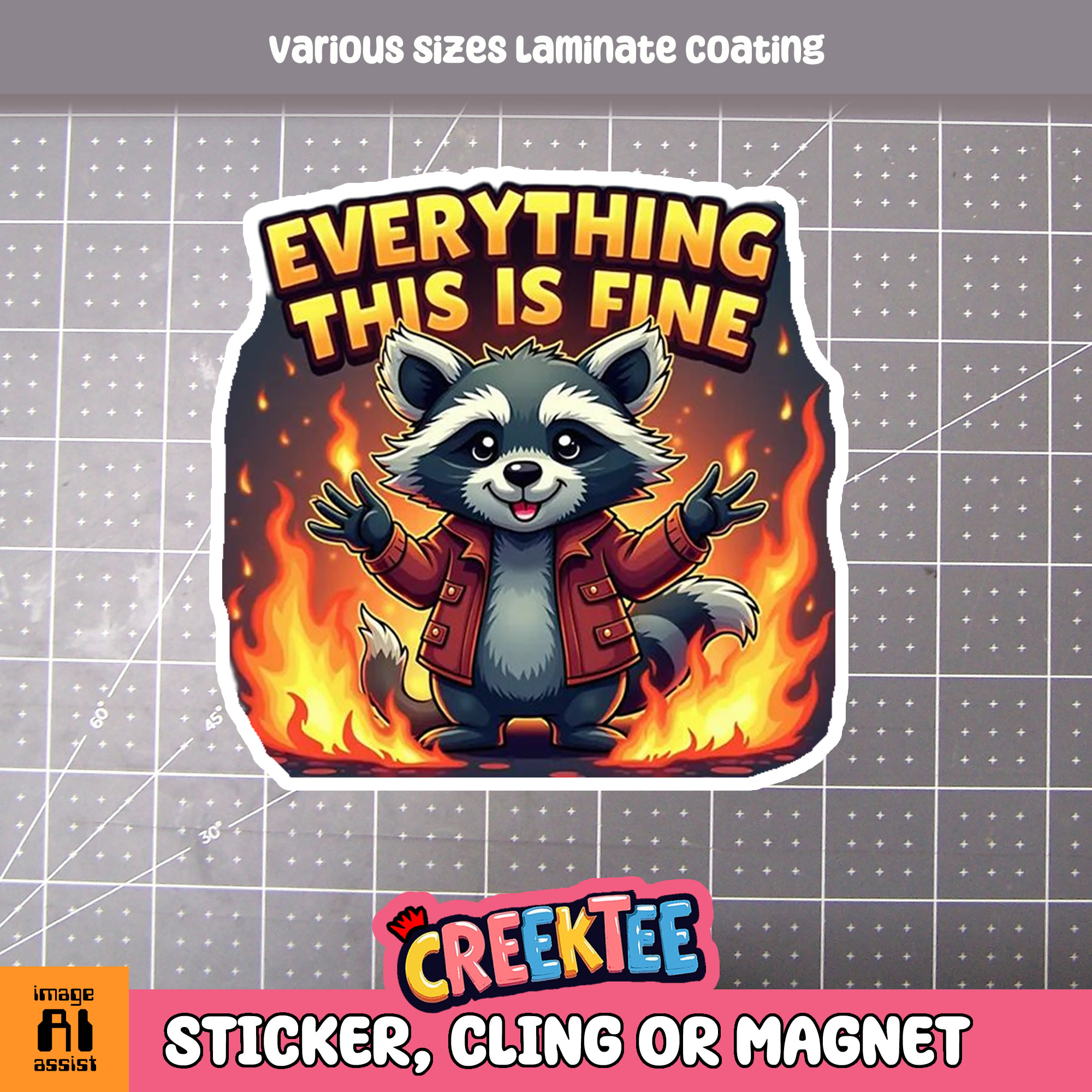 Everything is Fine  Raccoon  Die Cut Vinyl Sticker  Window Cling or Magnet with Laminate Coating in Various Sizes