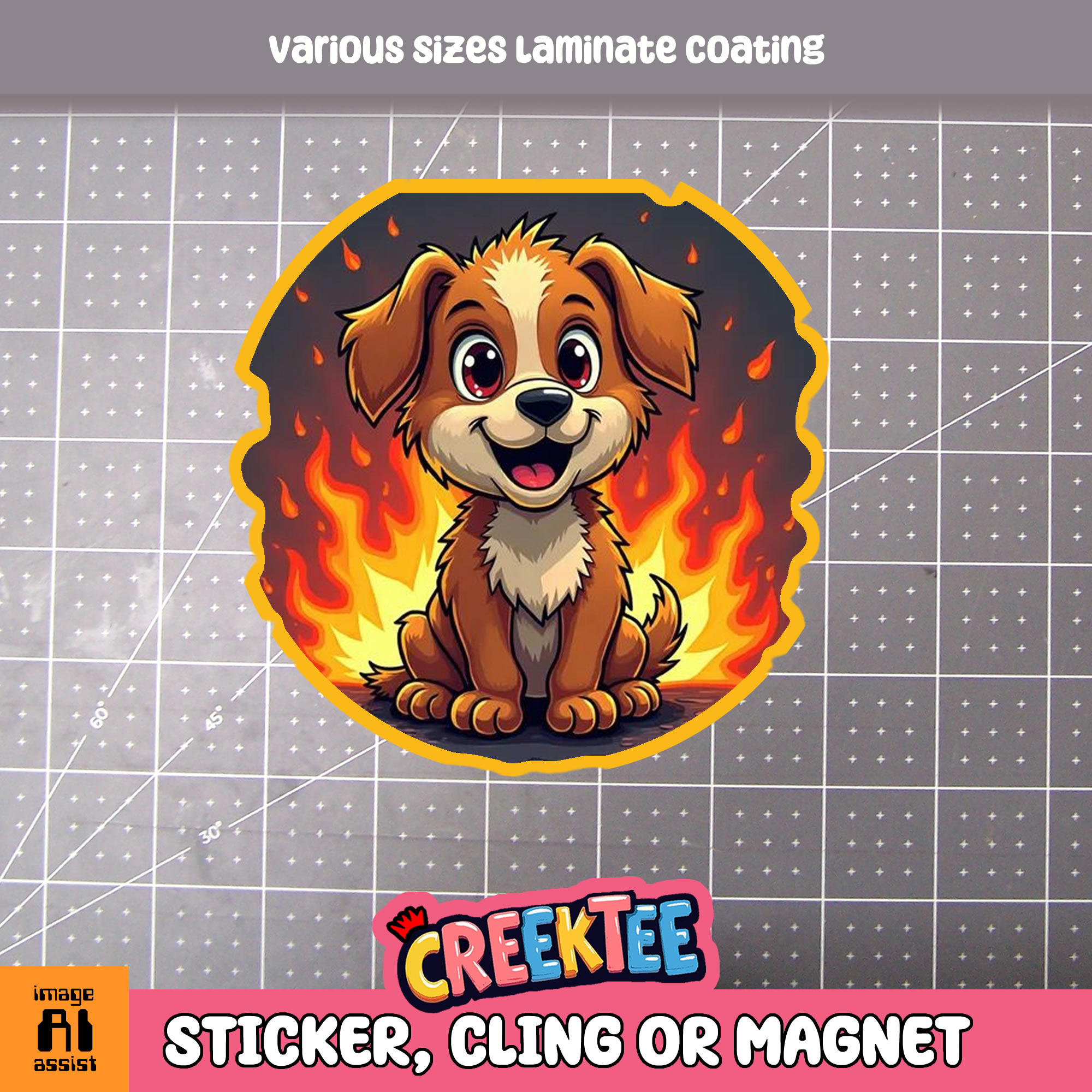 Dog with Fire Background Die Cut Vinyl Sticker  Window Cling or Magnet with Laminate Coating in Various Sizes