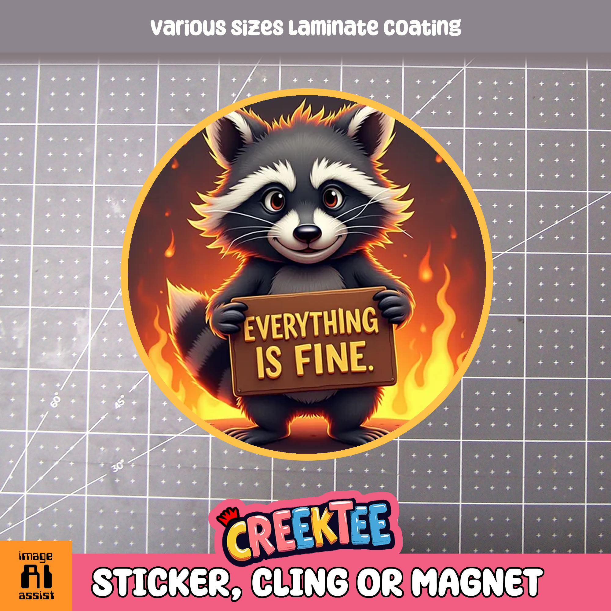 Everything is Fine  Raccoon  Die Cut Vinyl Sticker  Window Cling or Magnet with Laminate Coating in Various Sizes