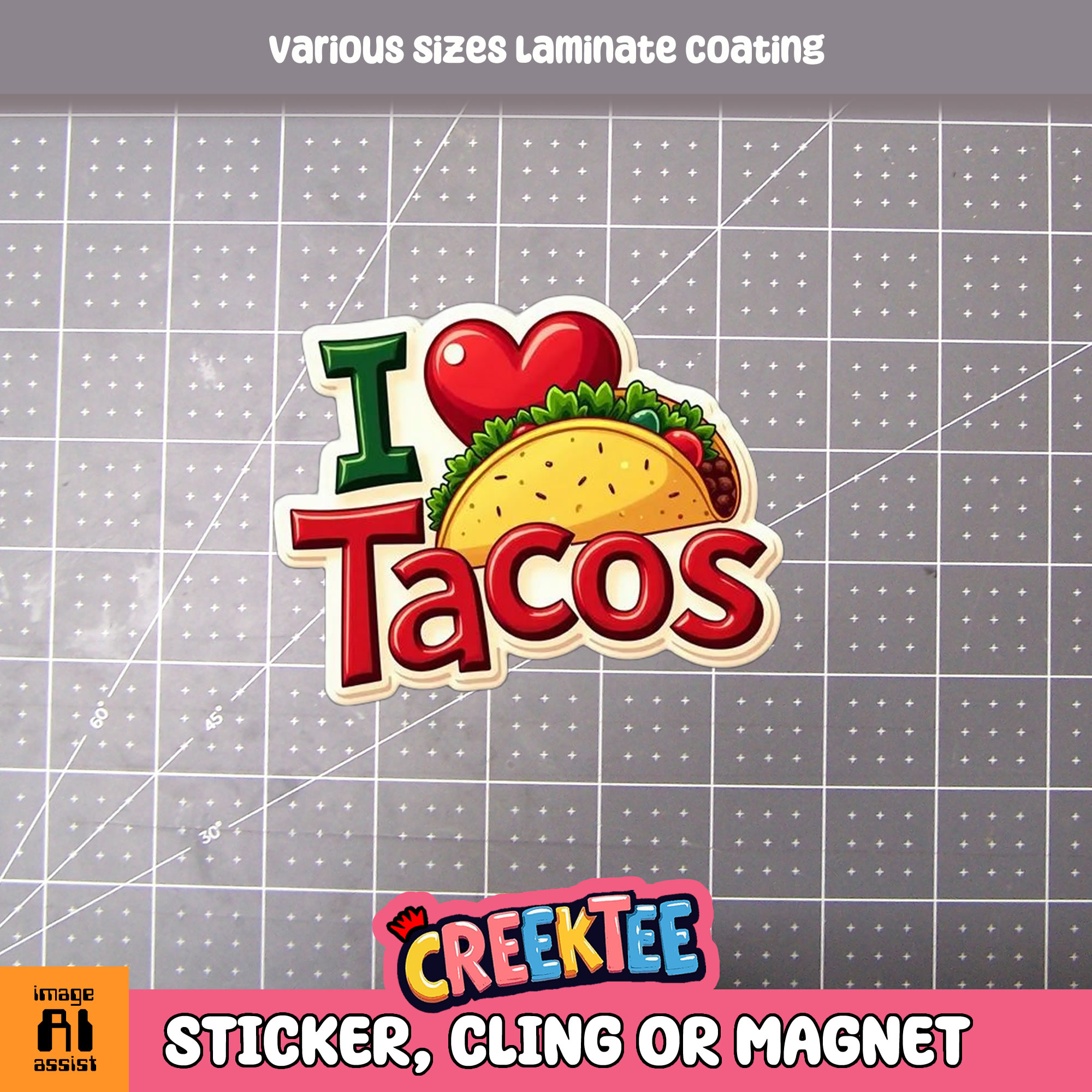 I love Tacos Die Cut Vinyl Sticker  Window Cling or Magnet with Laminate Coating in Various Sizes