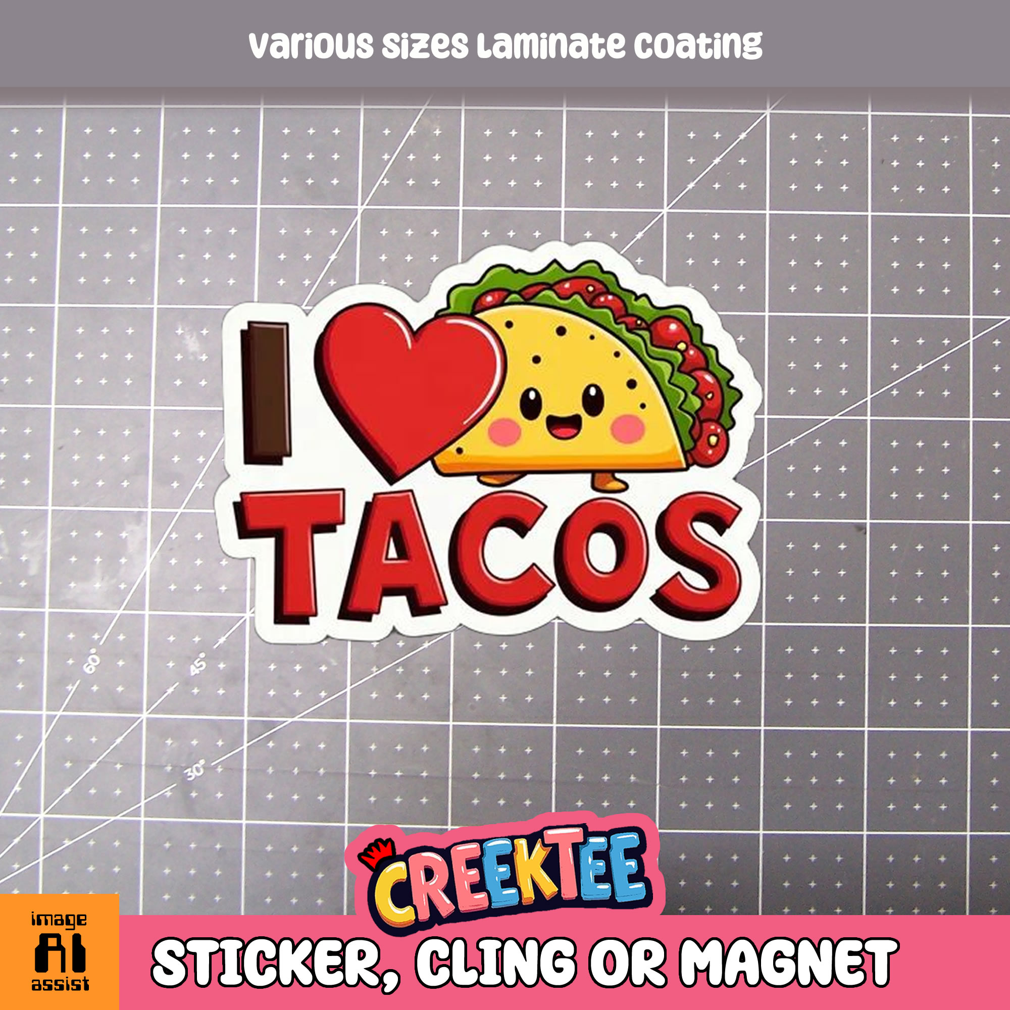 I love Tacos Die Cut Vinyl Sticker  Window Cling or Magnet with Laminate Coating in Various Sizes