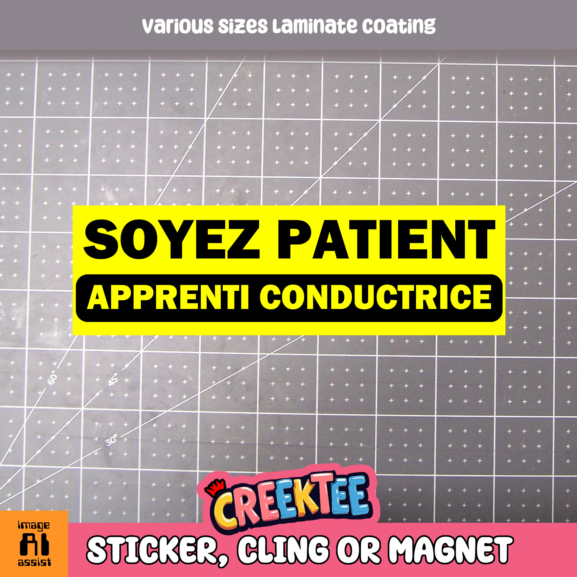 Soyez Patient Apprenti Conductrice Vinyl Bumper Sticker  Window Cling or Magnet in UV Laminate Coating and Various Sizes