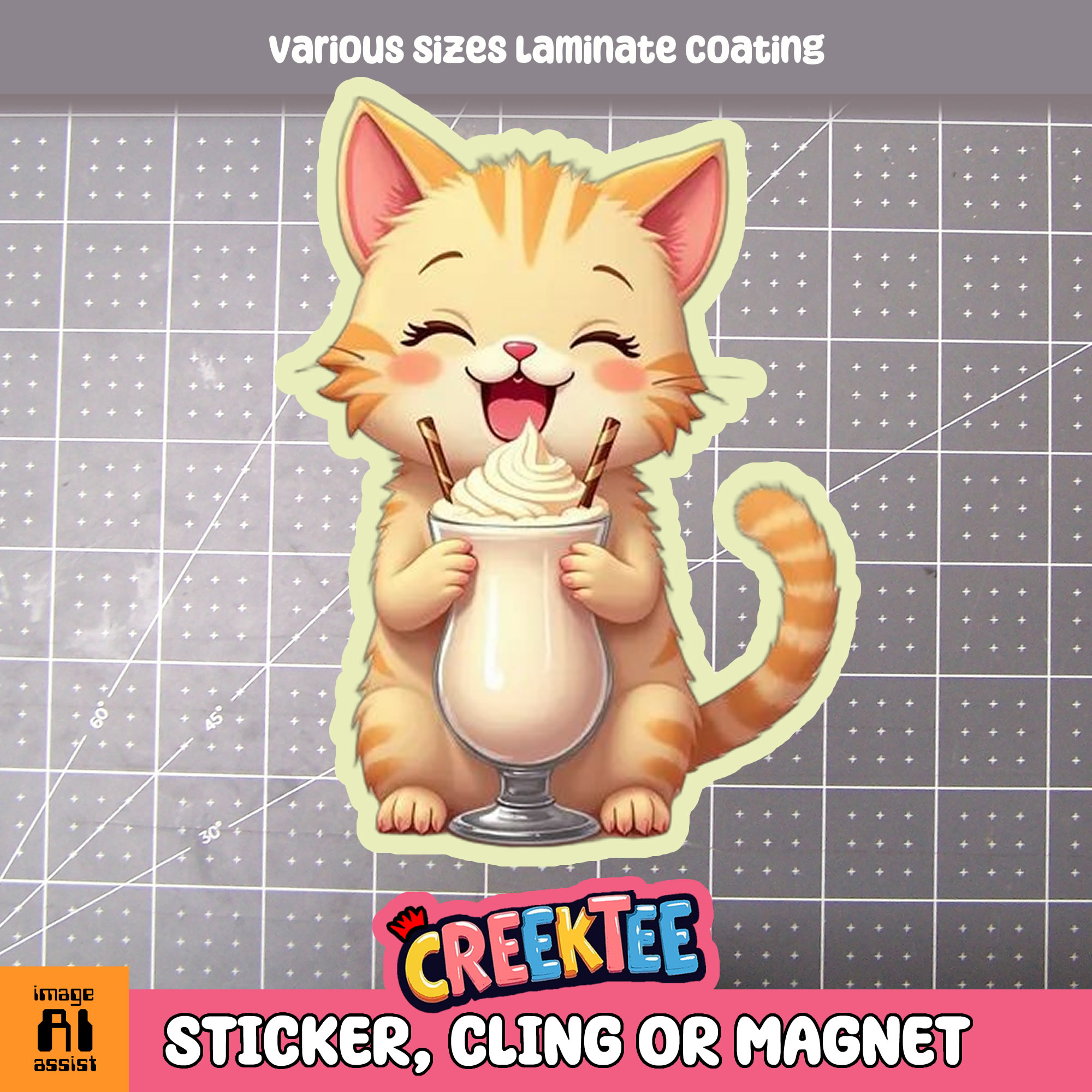 Cat with Milkshake Die Cut Vinyl Sticker  Window Cling or Magnet with Laminate Coating in Various Sizes