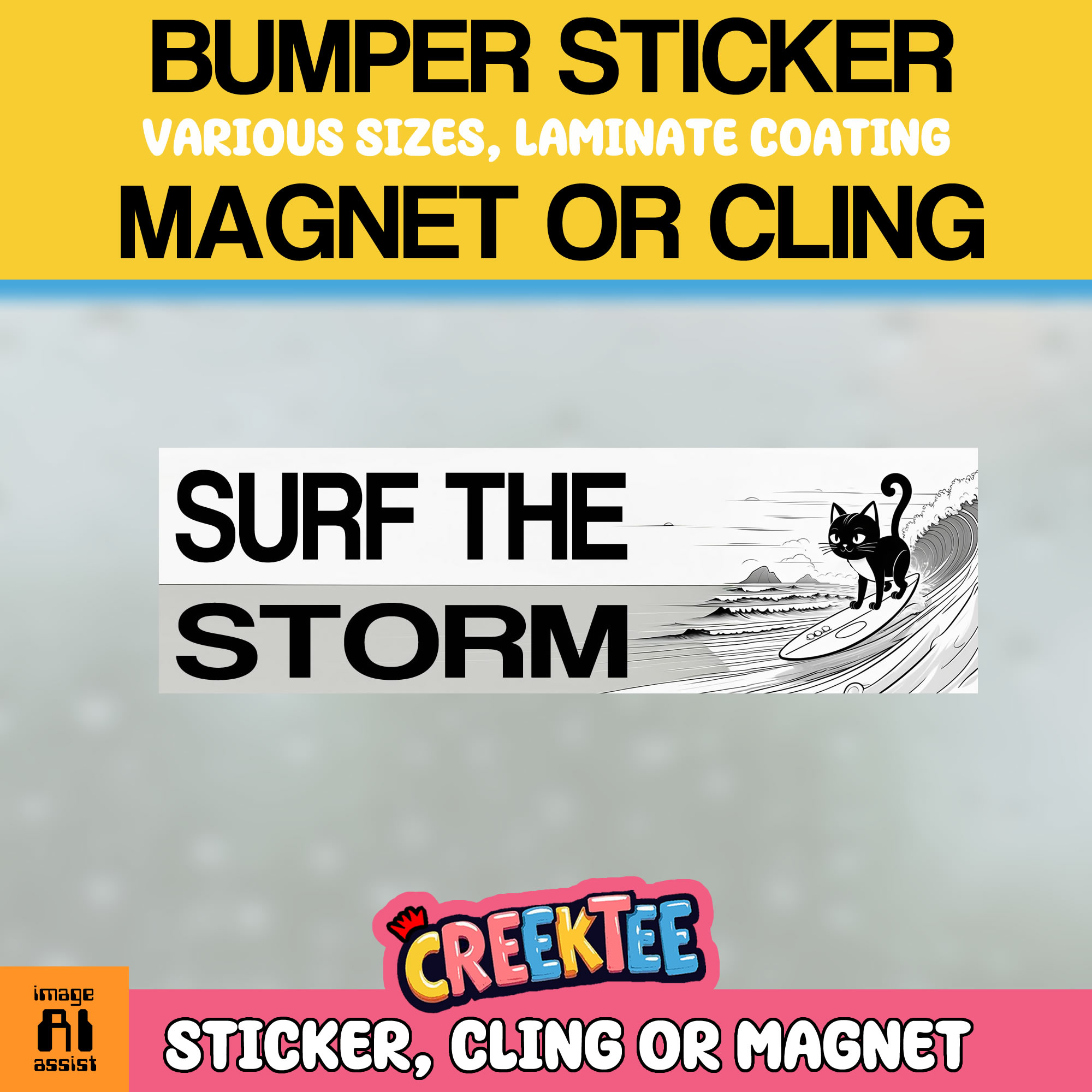 Surf the Storm Vinyl Bumper Sticker  Window Cling or Magnet in UV Laminate Coating and Various Sizes